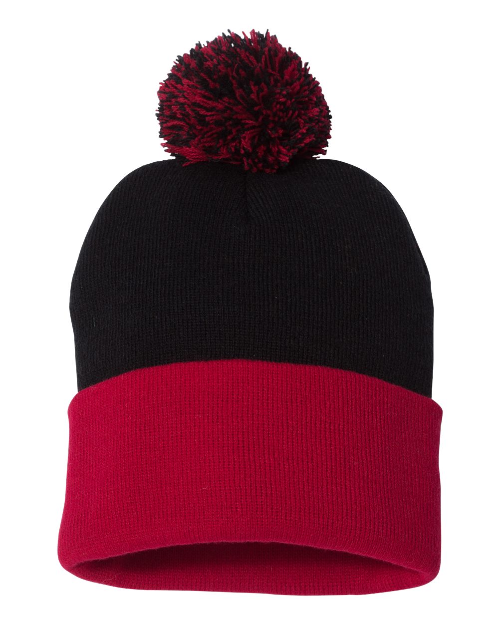 12" Pom-Pom Cuffed Beanie - Back - B21595510 - Black/ Red