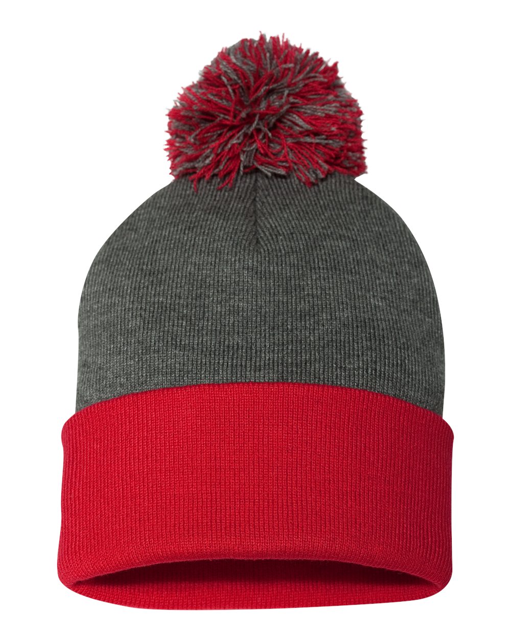 12" Pom-Pom Cuffed Beanie - Back - B21595560 - Dark Heather Grey/ Red