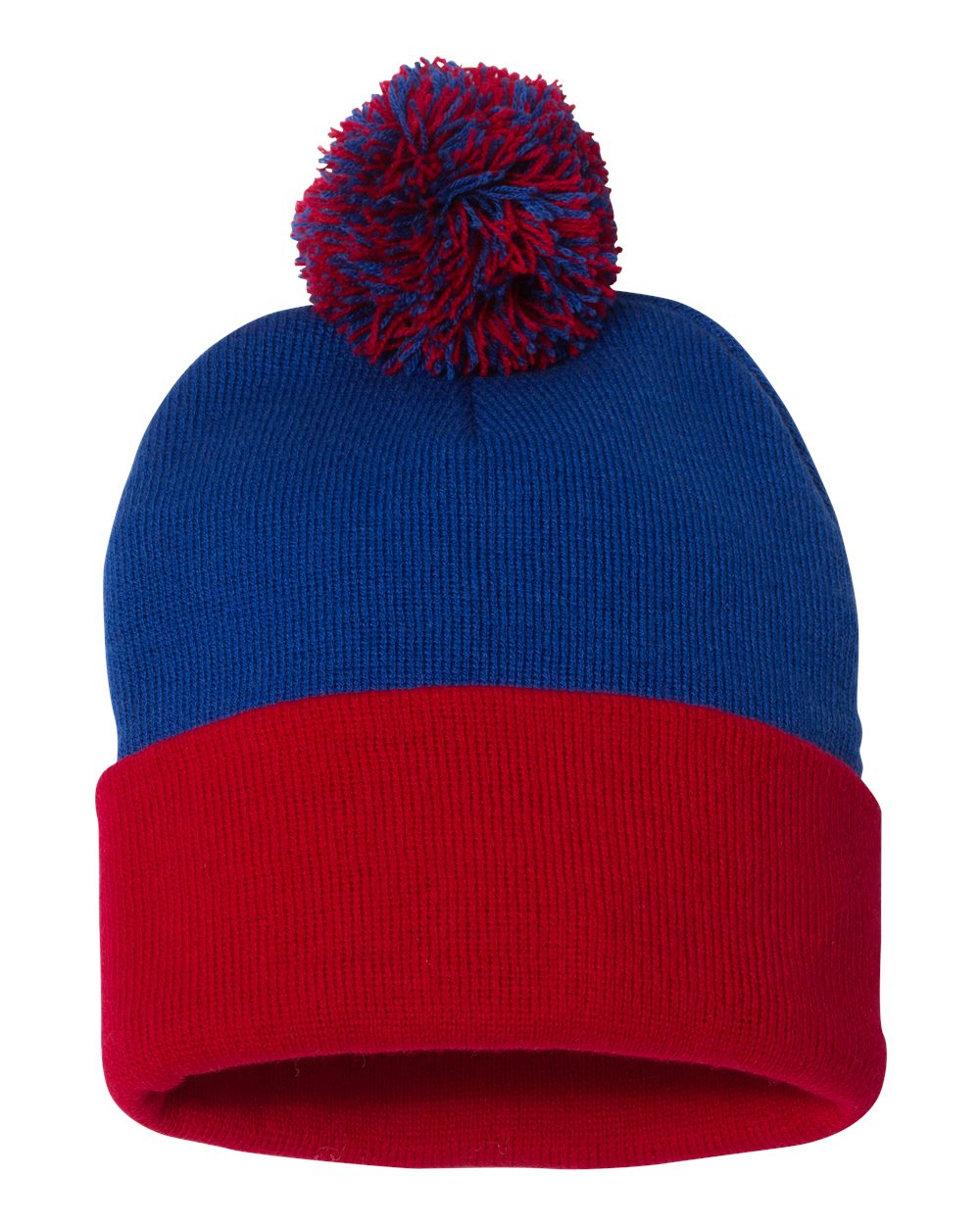 12" Pom-Pom Cuffed Beanie - Front - B21595150 - Royal/ Red