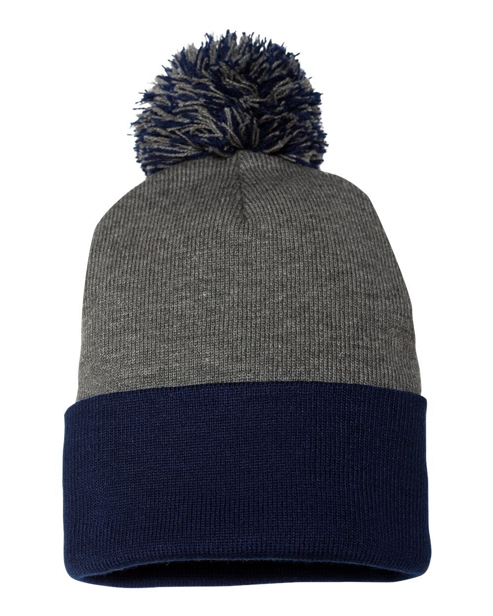 12" Pom-Pom Cuffed Beanie - Front - B21595570 - Dark Heather Grey/ Navy