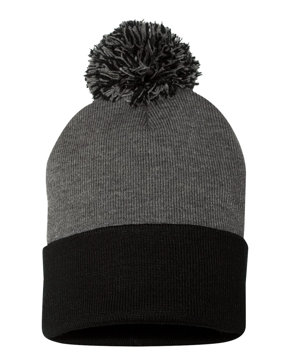 12" Pom-Pom Cuffed Beanie - Front - B21595590 - Dark Heather Grey/ Black