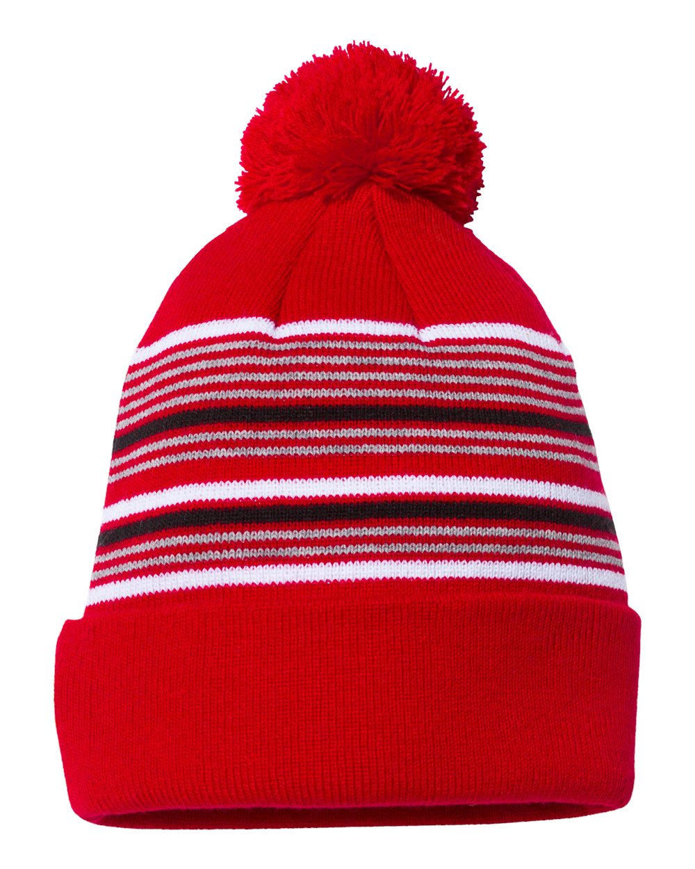 12" Striped Pom-Pom Cuffed Beanie - Front - B50595710 - Red/ White/ Grey/ Black