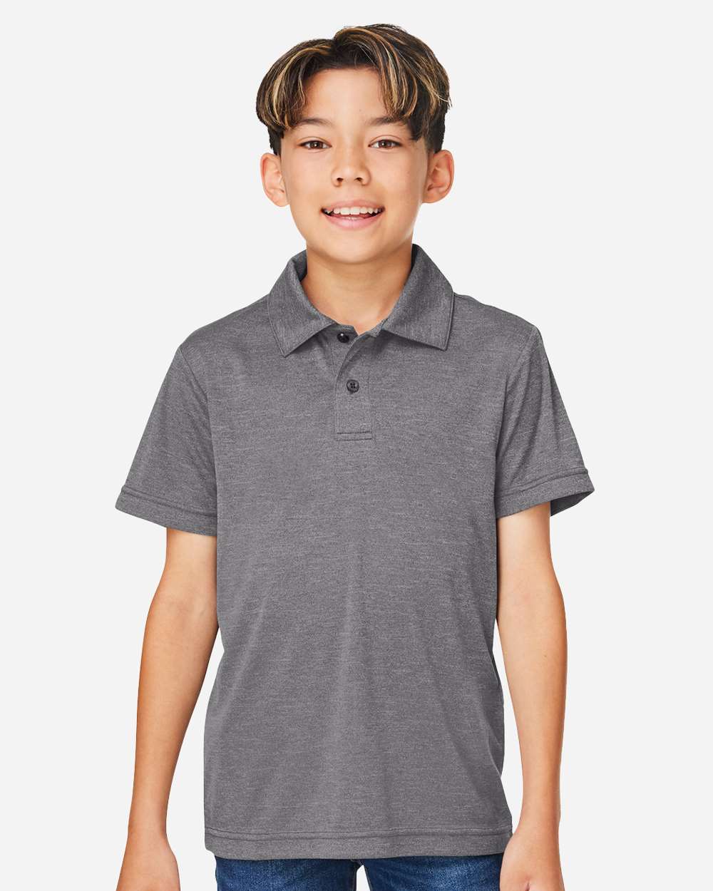 Youth Zone Sonic Heather Performance Polo - OnModelFront - B719D9023 - Dark Grey Heather