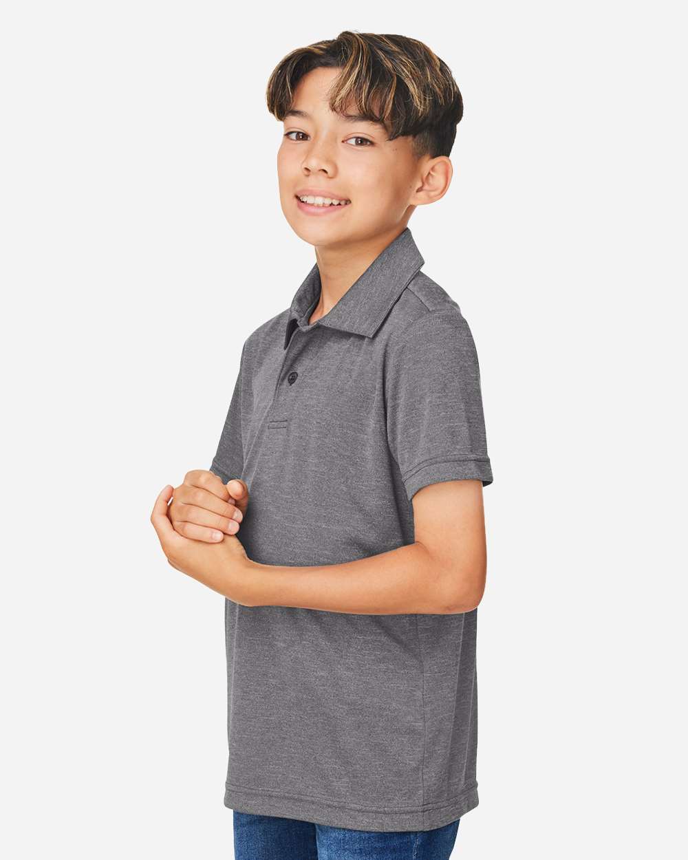 Youth Zone Sonic Heather Performance Polo - OnModelSide - B719D9023 - Dark Grey Heather