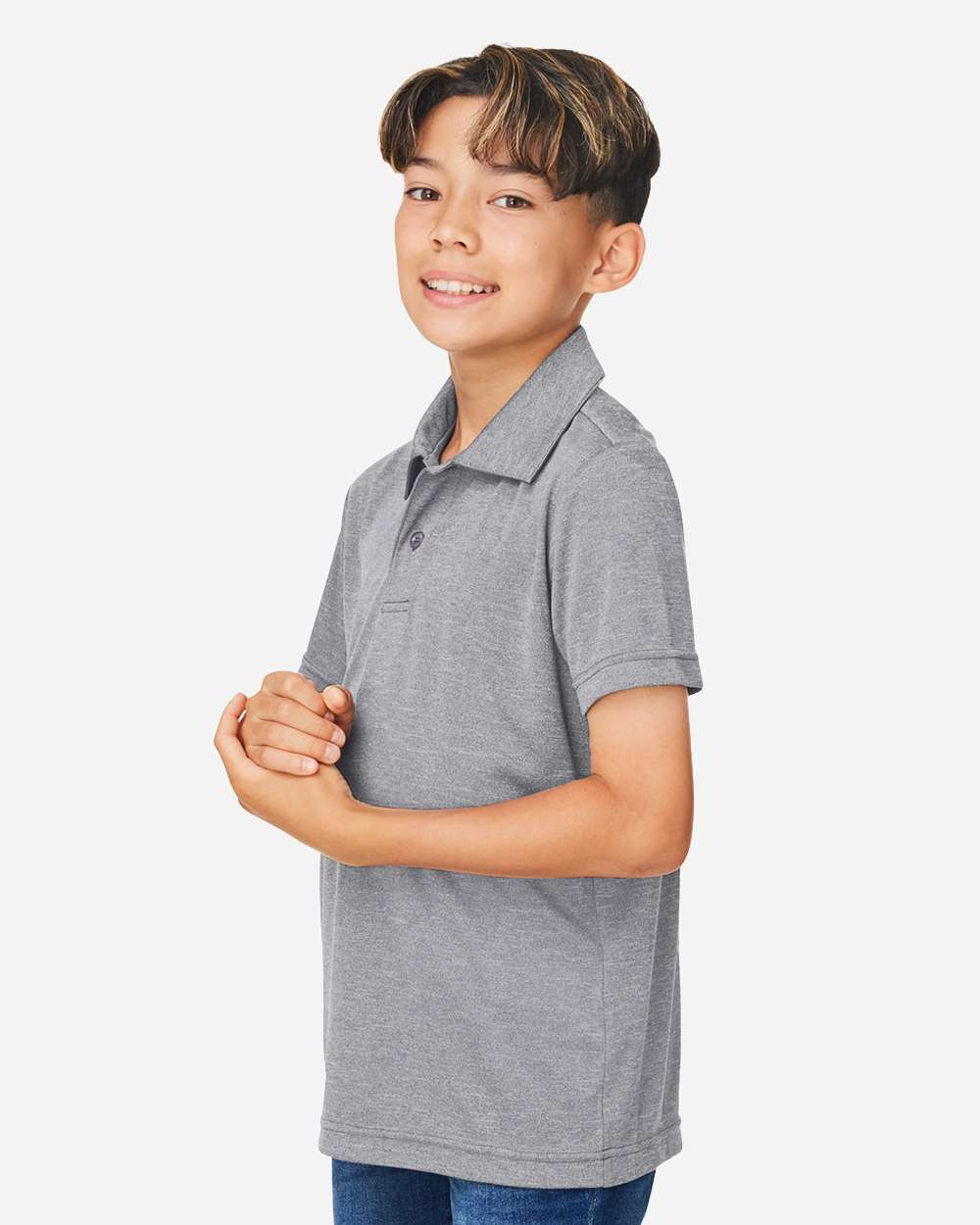 Youth Zone Sonic Heather Performance Polo - OnModelSide - B719D9103 - Athletic Heather