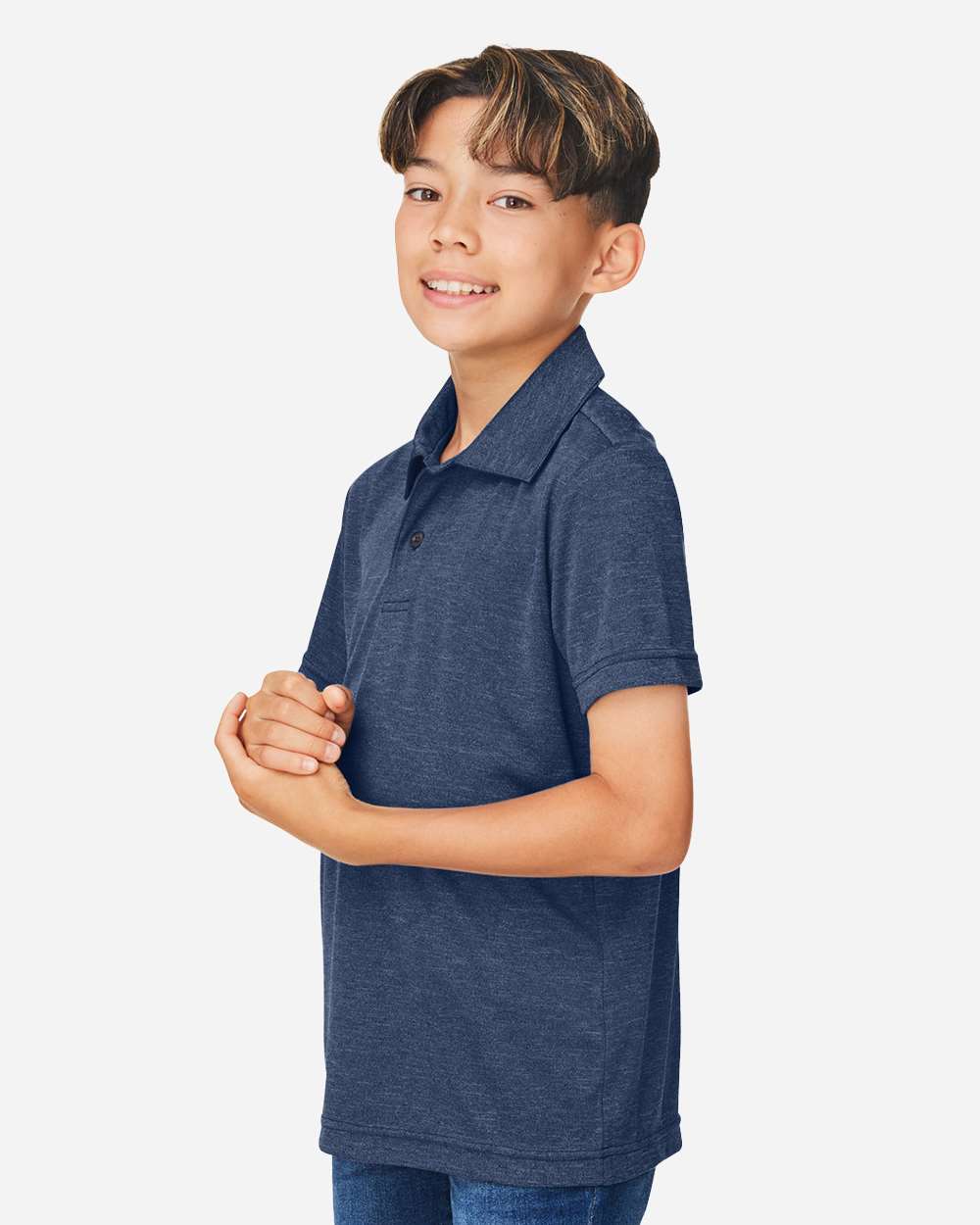 Youth Zone Sonic Heather Performance Polo - OnModelSide - B719D9653 - Sport Dark Navy Heather