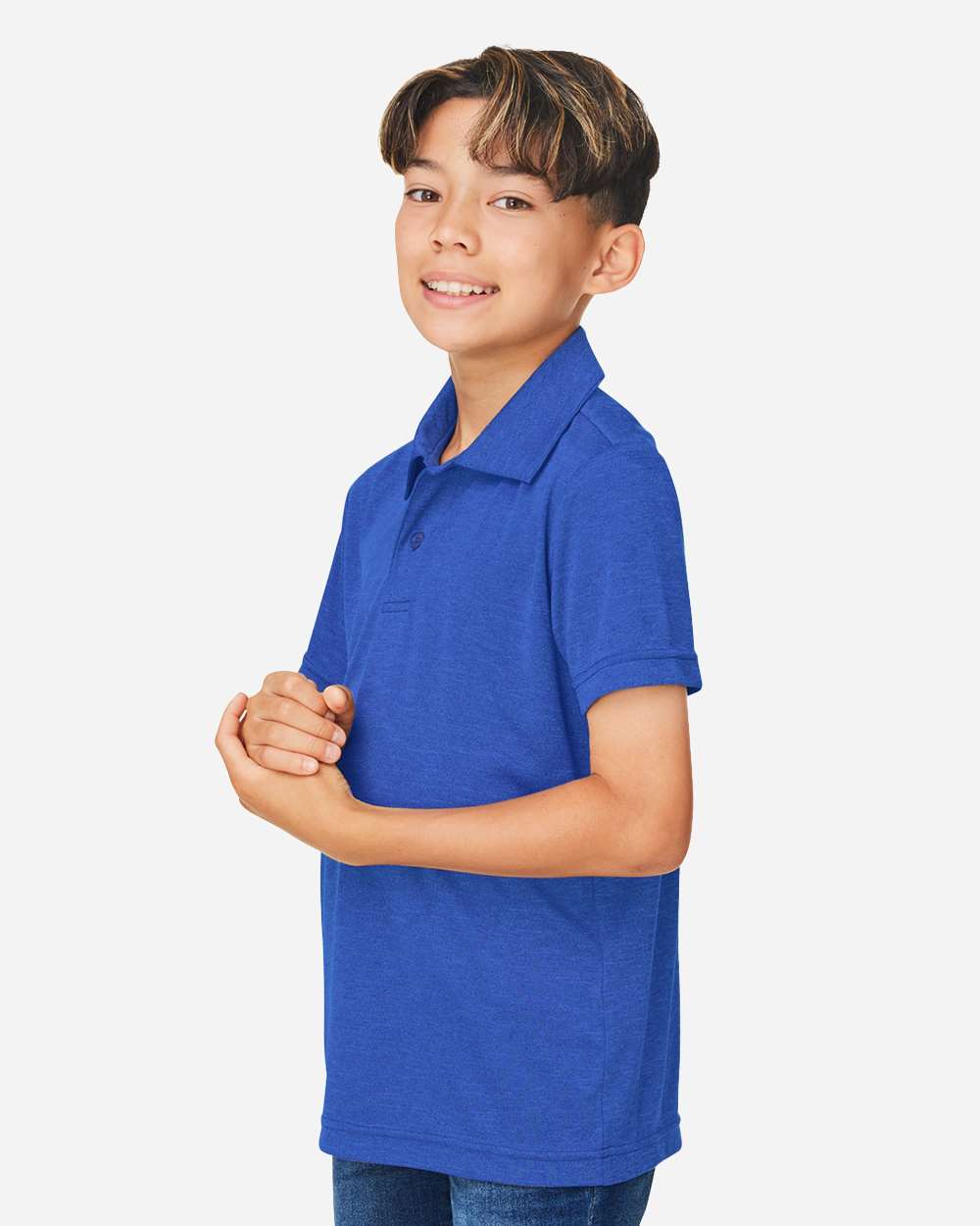 Youth Zone Sonic Heather Performance Polo - OnModelSide - B719D9753 - Sport Royal Heather