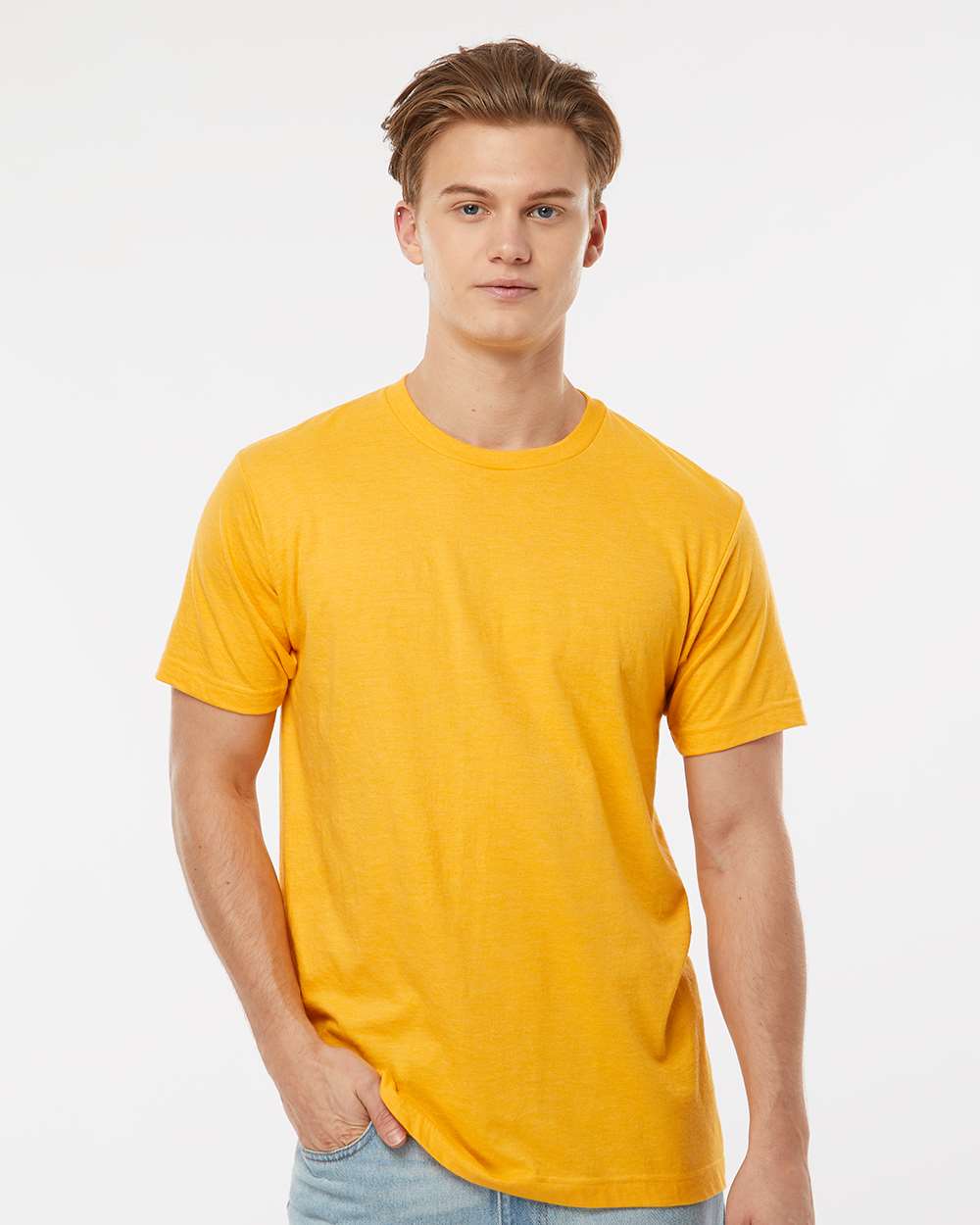 Men's Fine Jersey T-Shirt - OnModelFront - B10259412 - Heather Mellow Yellow