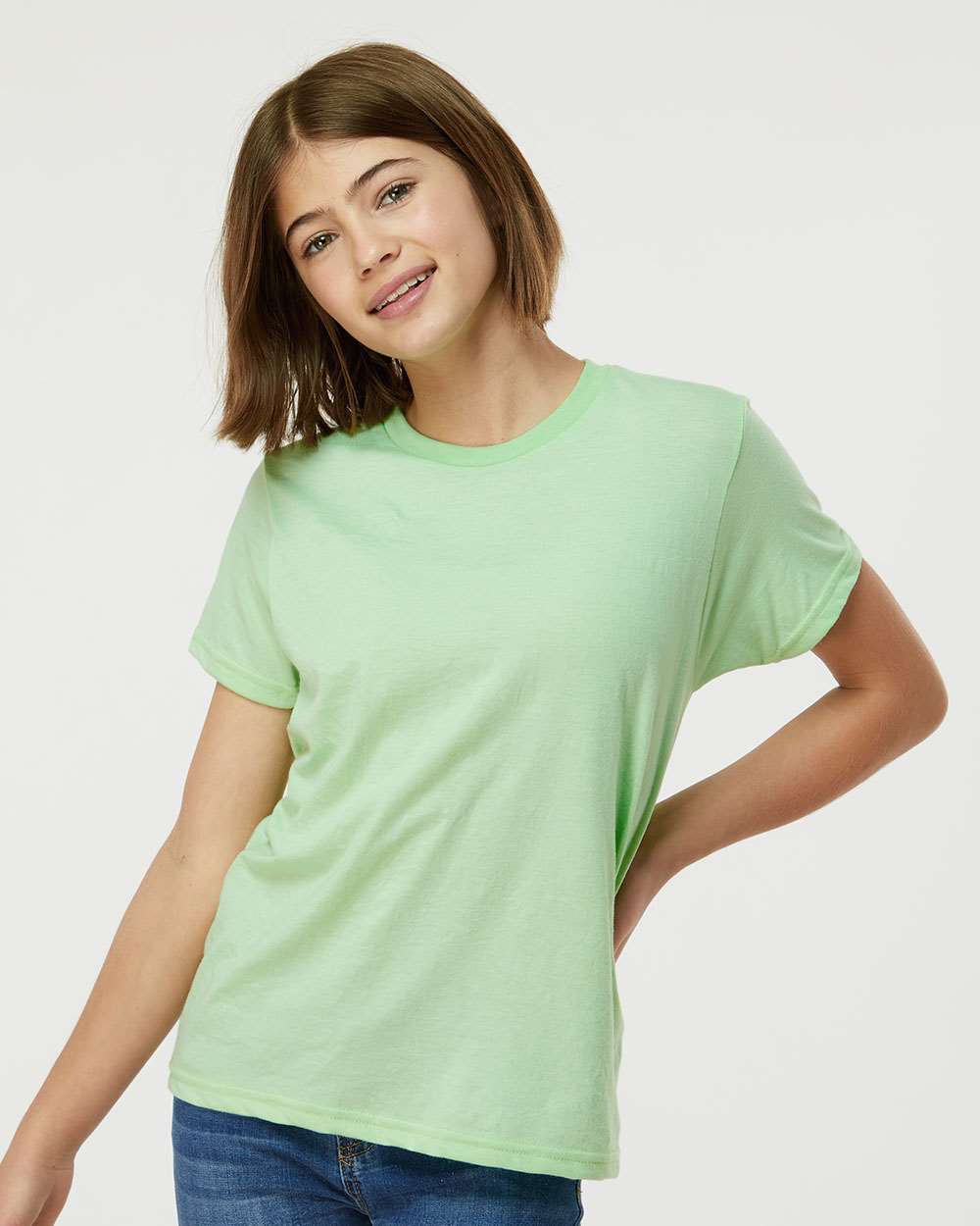 Youth Fine Jersey T-Shirt - OnModelFront - B20459192 - Heather Neo Mint