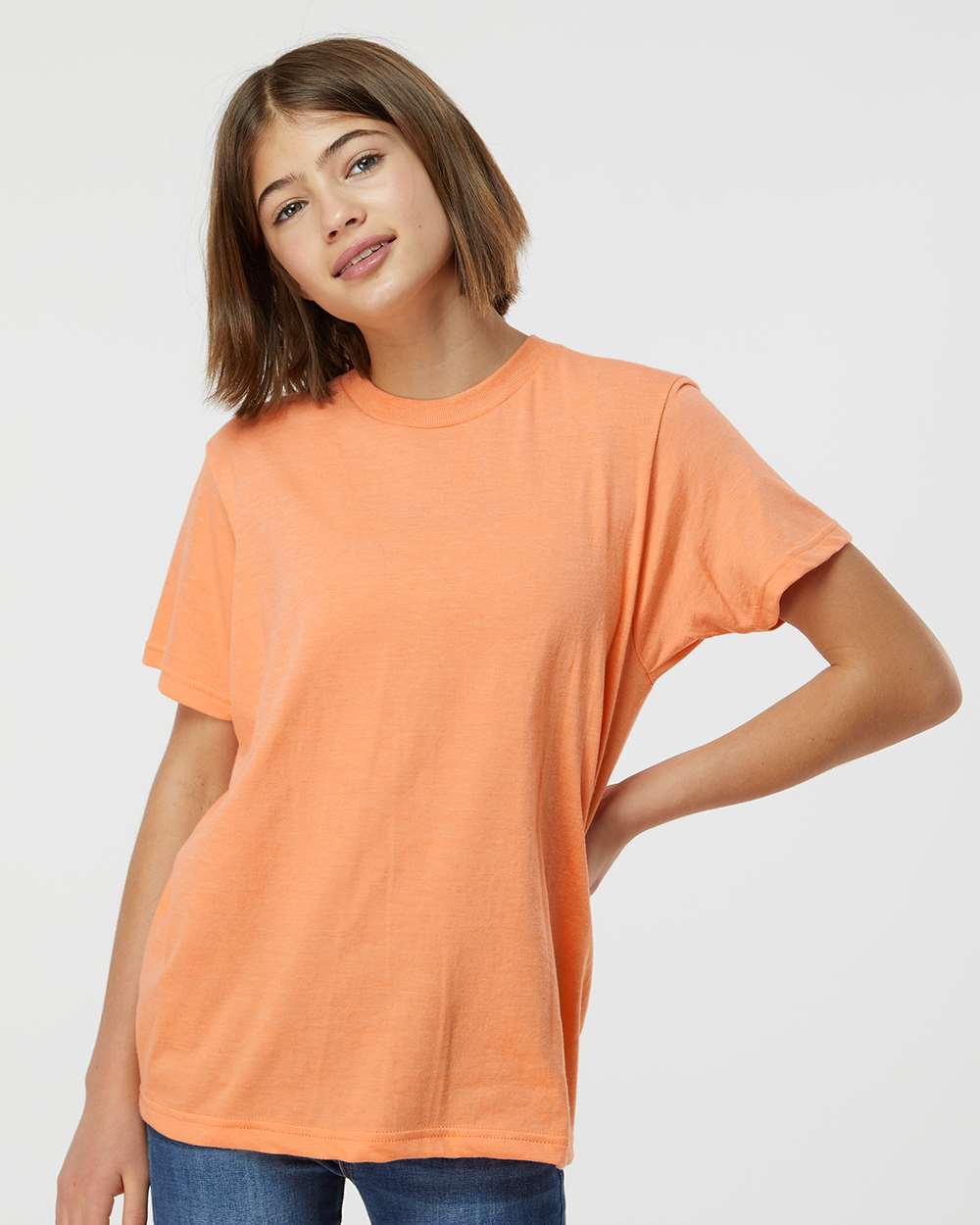 Youth Fine Jersey T-Shirt - OnModelFront - B20459332 - Heather Cantaloupe