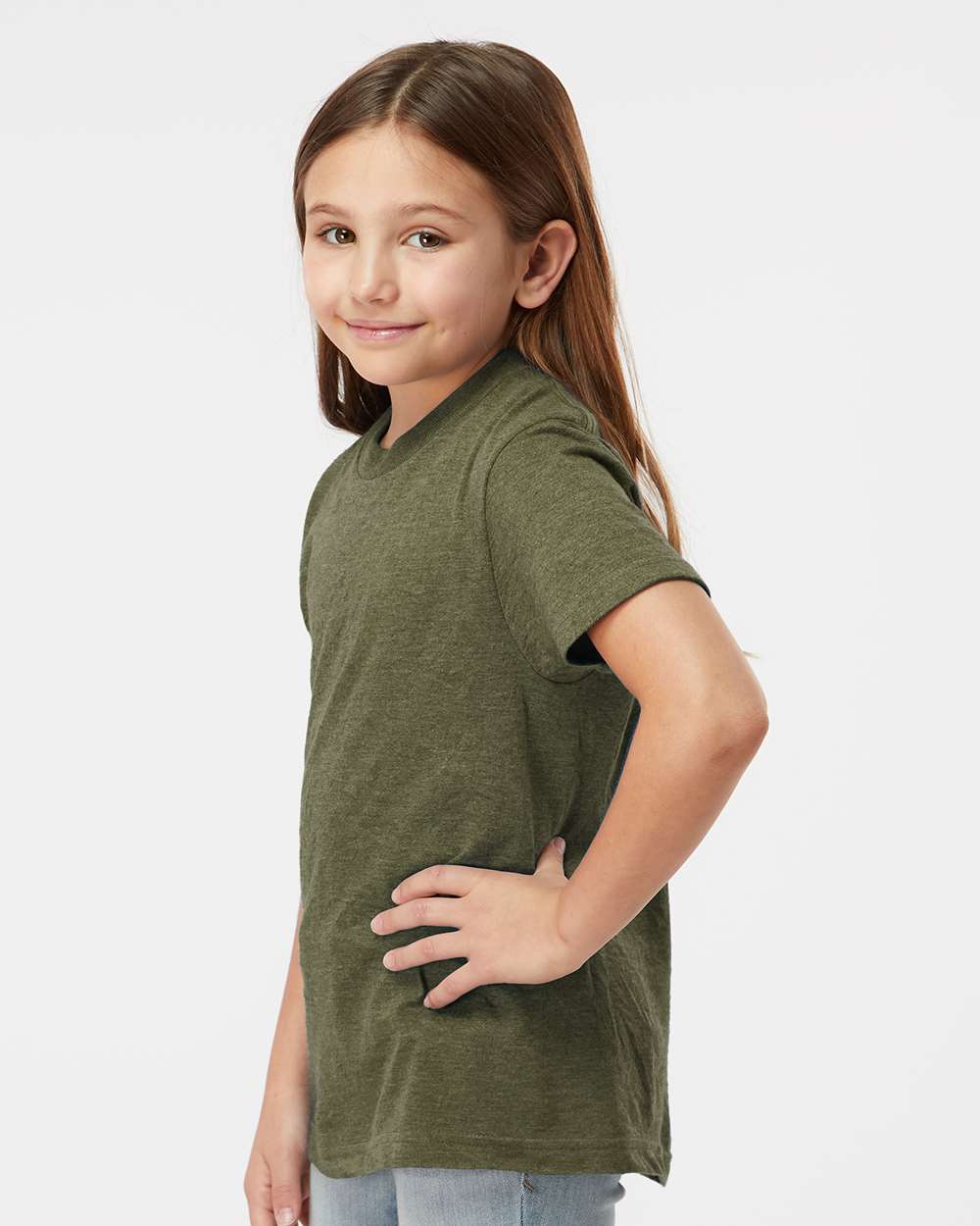 Youth Fine Jersey T-Shirt - OnModelSide - B20459062 - Heather Military Green