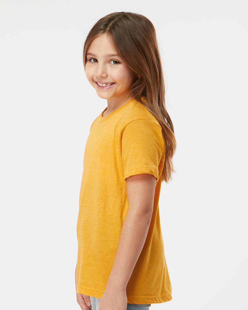 Youth Fine Jersey T-Shirt - OnModelSide - B20459412 - Heather Mellow Yellow