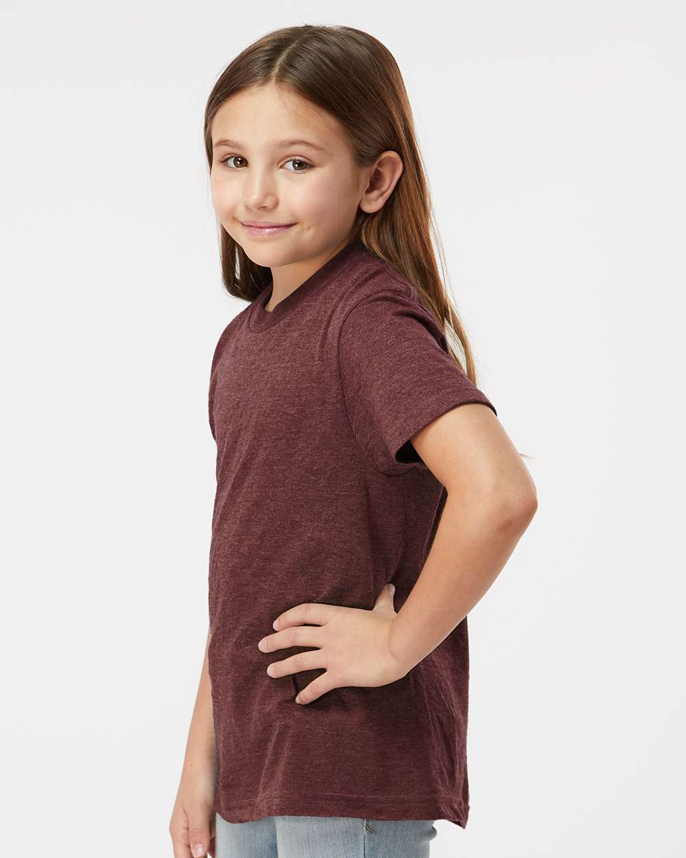 Youth Fine Jersey T-Shirt - OnModelSide - B20459532 - Heather Burgundy