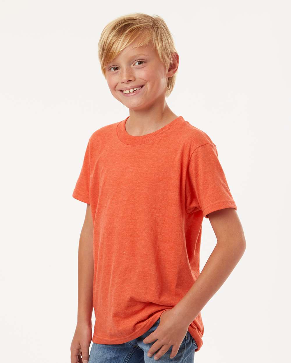 Youth Fine Jersey T-Shirt - OnModelSide - B20459662 - Heather Orange