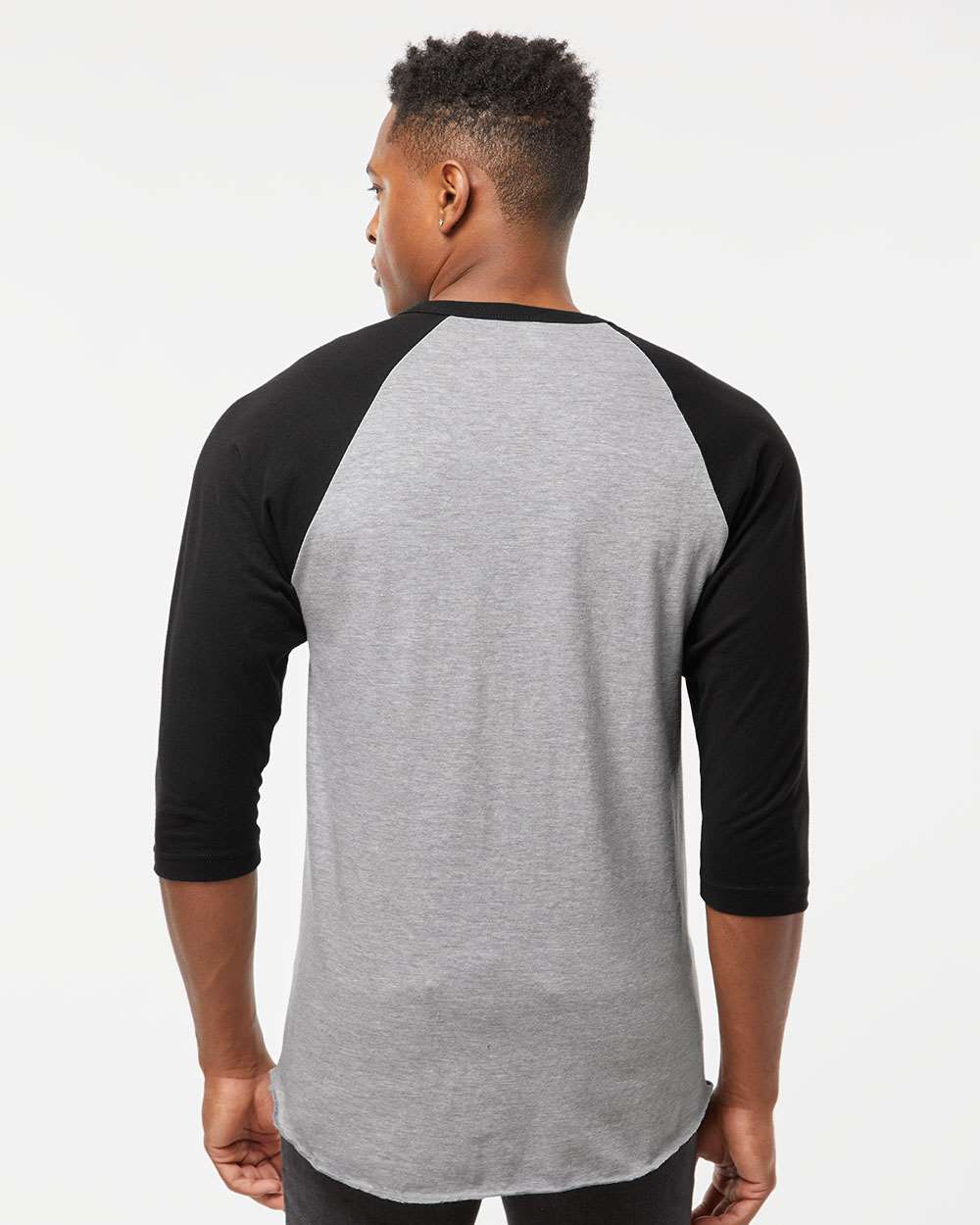 Unisex Fine Jersey Raglan T-Shirt - OnModelBack - B30359092 - Heather Grey/ Black