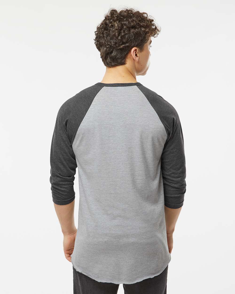 Unisex Fine Jersey Raglan T-Shirt - OnModelBack - B30359102 - Heather Grey/ Heather Charcoal