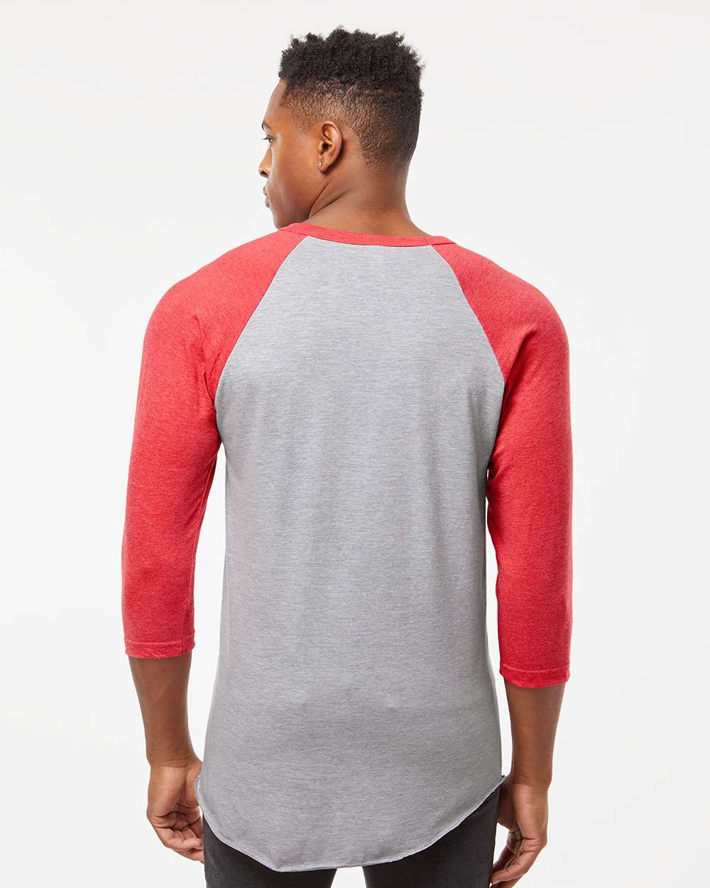Unisex Fine Jersey Raglan T-Shirt - OnModelBack - B30359112 - Heather Grey/ Heather Red