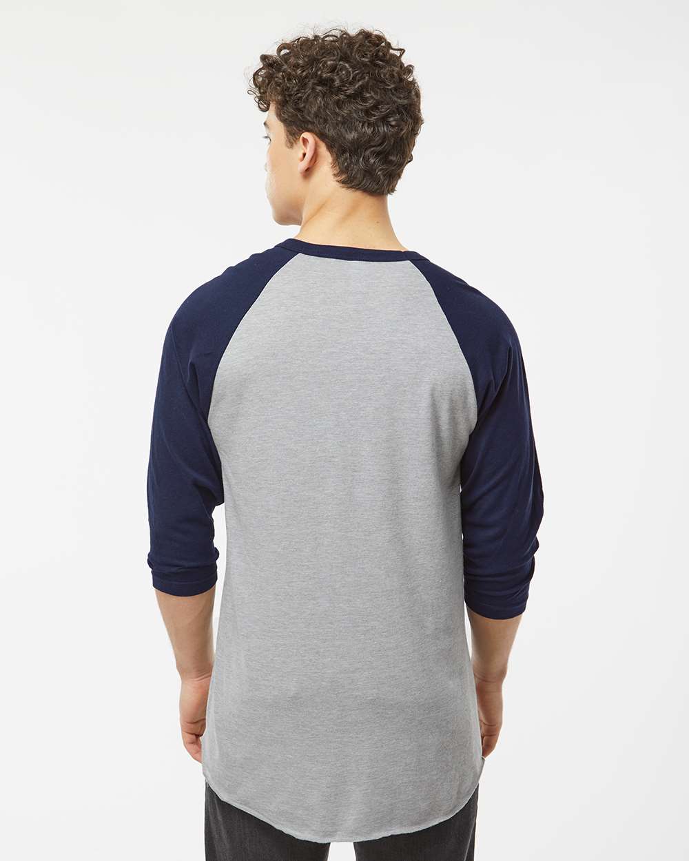 Unisex Fine Jersey Raglan T-Shirt - OnModelBack - B30359122 - Heather Grey/ Navy