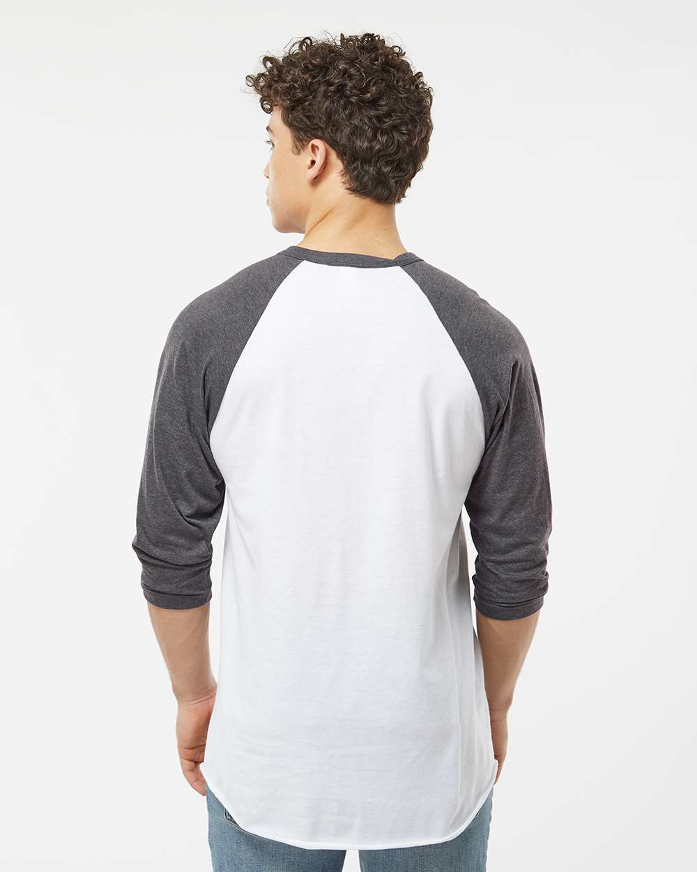 Unisex Fine Jersey Raglan T-Shirt - OnModelBack - B30359162 - White/ Heather Charcoal