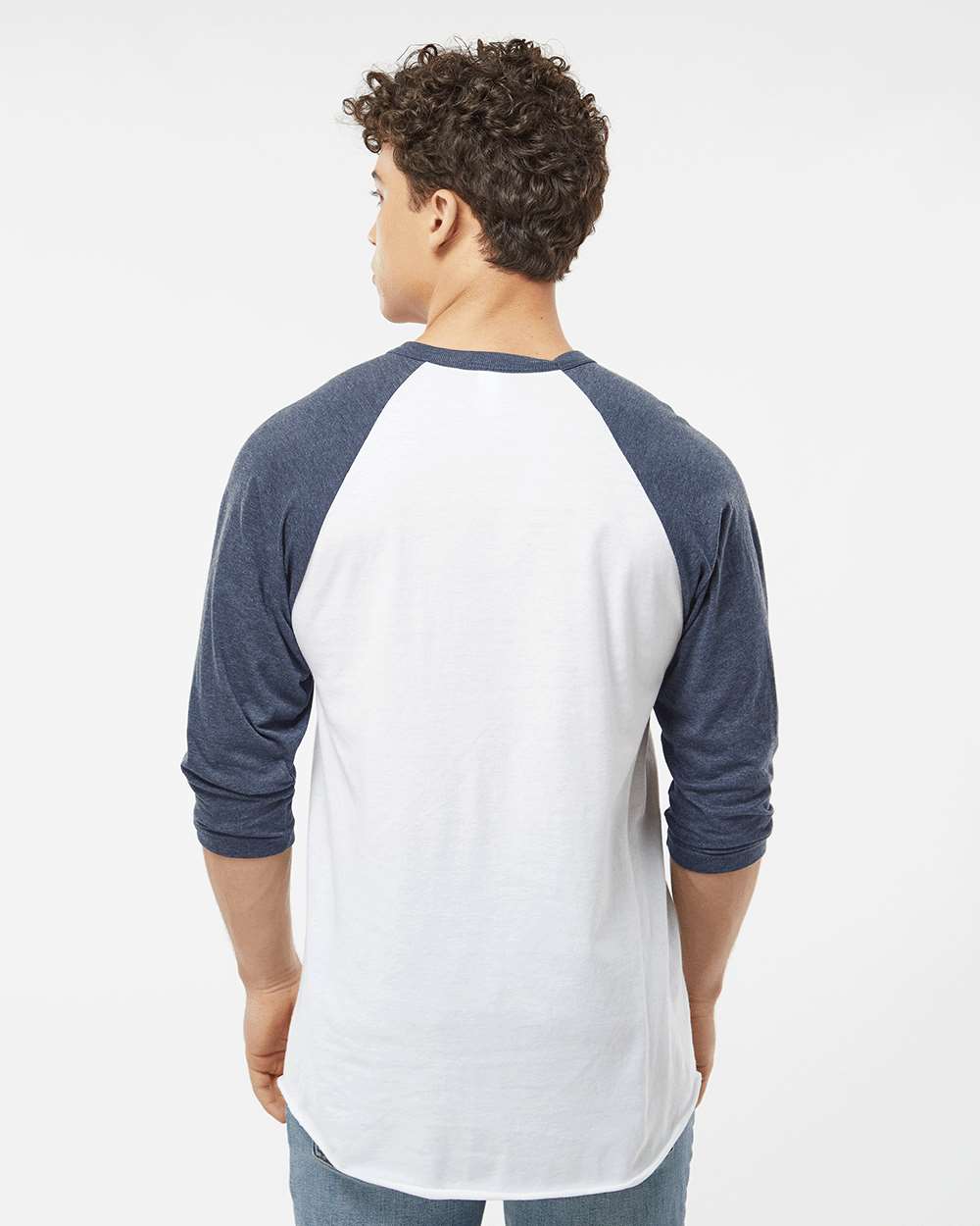 Unisex Fine Jersey Raglan T-Shirt - OnModelBack - B30359172 - White/ Heather Denim