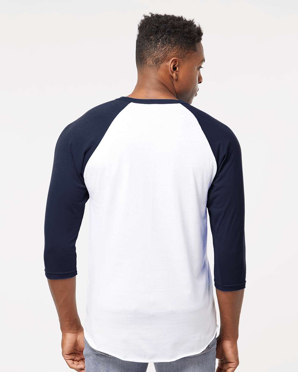 Unisex Fine Jersey Raglan T-Shirt - OnModelBack - B30359192 - White/ Navy