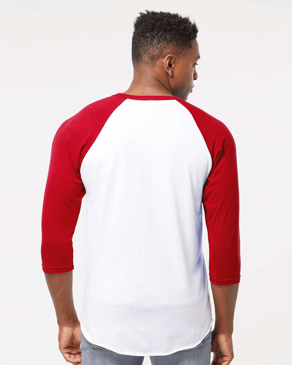 Unisex Fine Jersey Raglan T-Shirt - OnModelBack - B30359202 - White/ Red