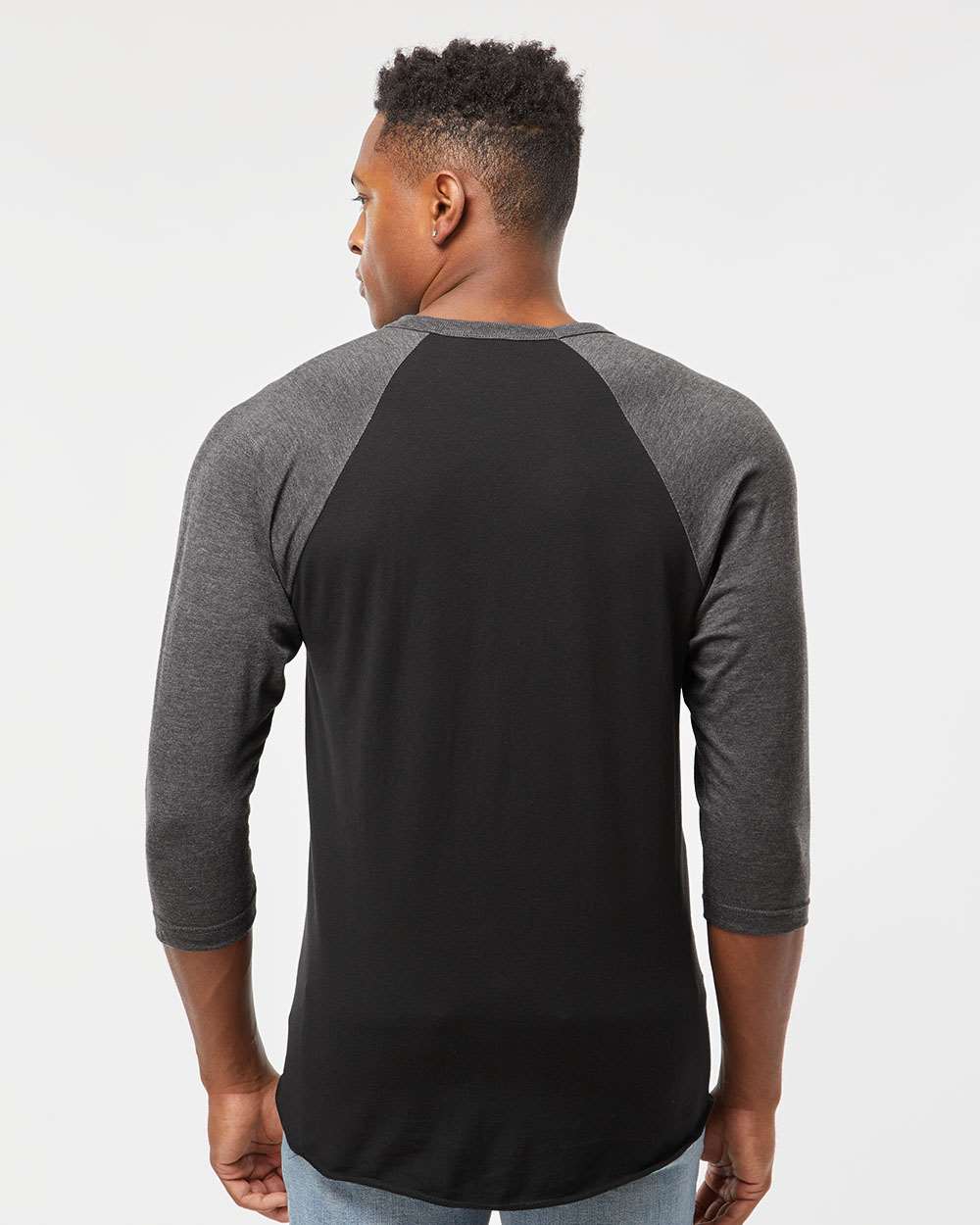 Unisex Fine Jersey Raglan T-Shirt - OnModelBack - B30359582 - Black/ Heather Charcoal