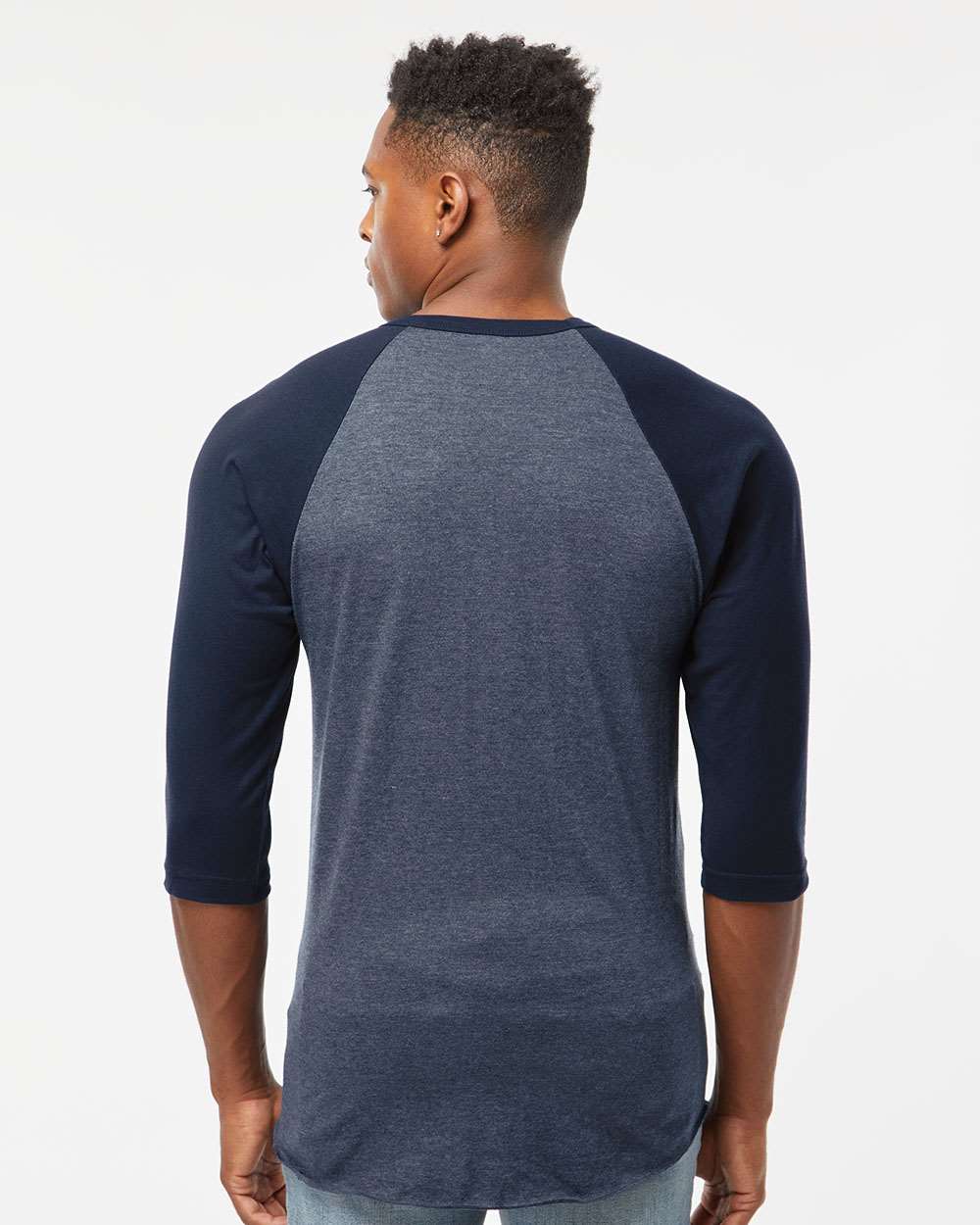 Unisex Fine Jersey Raglan T-Shirt - OnModelBack - B30359652 - Heather Denim/ Navy