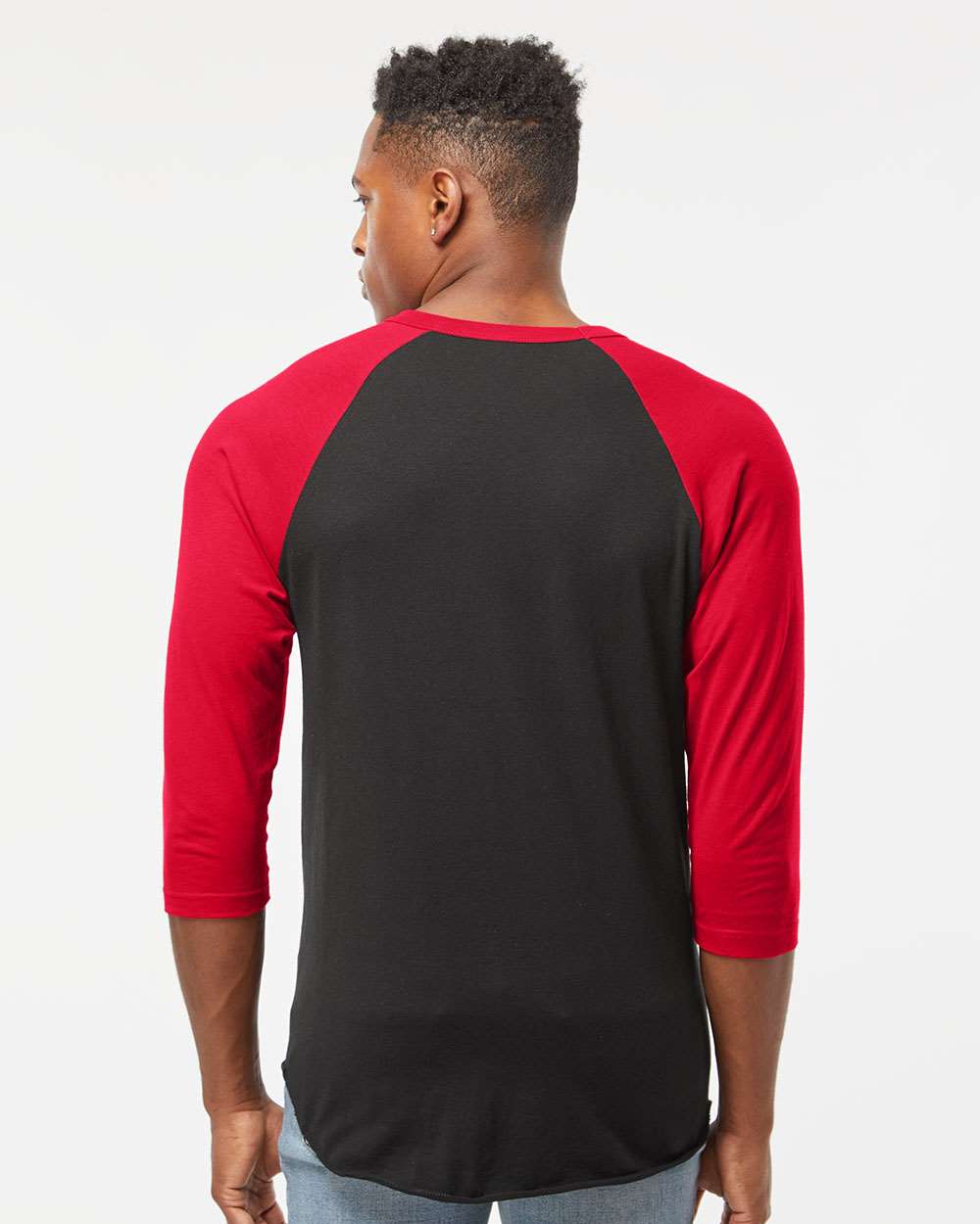 Unisex Fine Jersey Raglan T-Shirt - OnModelBack - B30359702 - Black/ Red