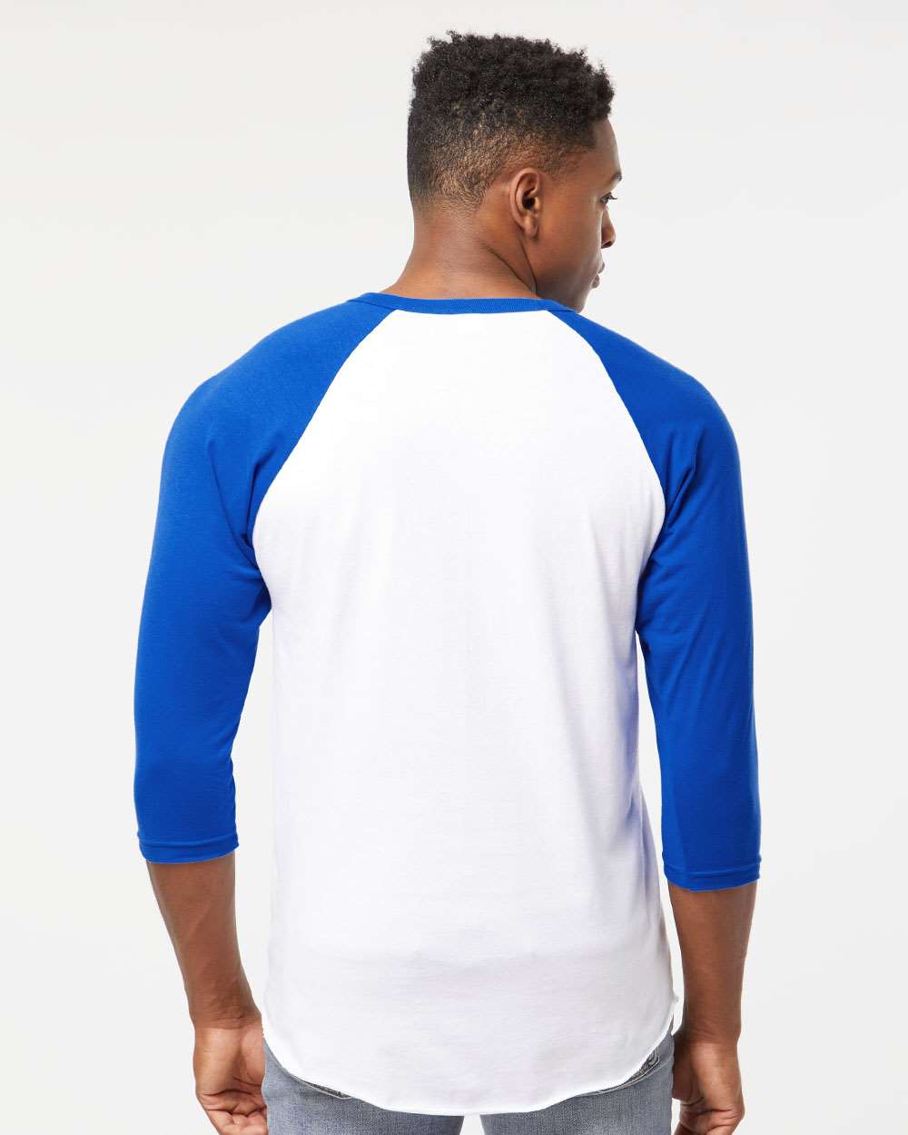 Unisex Fine Jersey Raglan T-Shirt - OnModelBack - B30359752 - White/ Royal