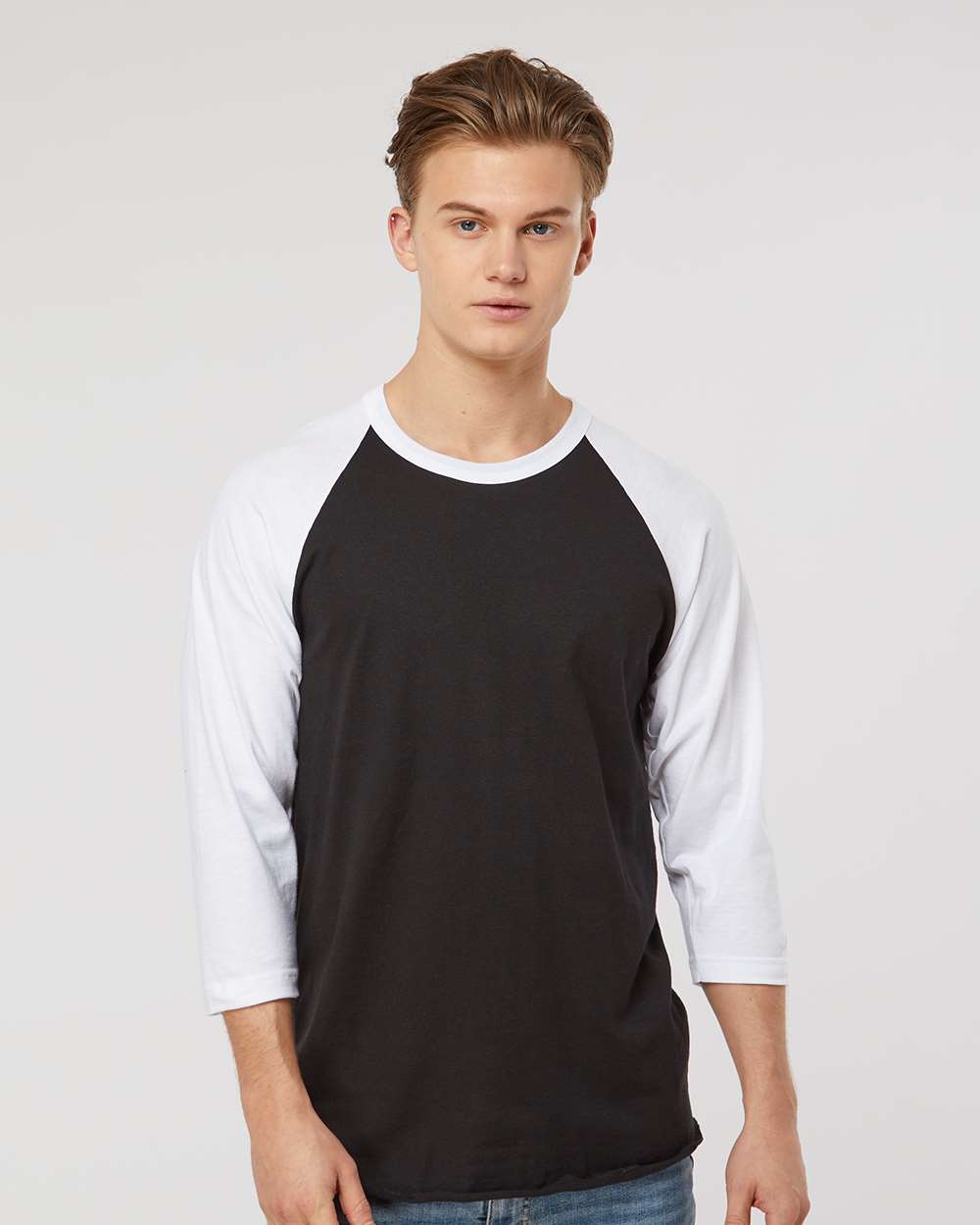 Unisex Fine Jersey Raglan T-Shirt - OnModelFront - B30359002 - Black/ White