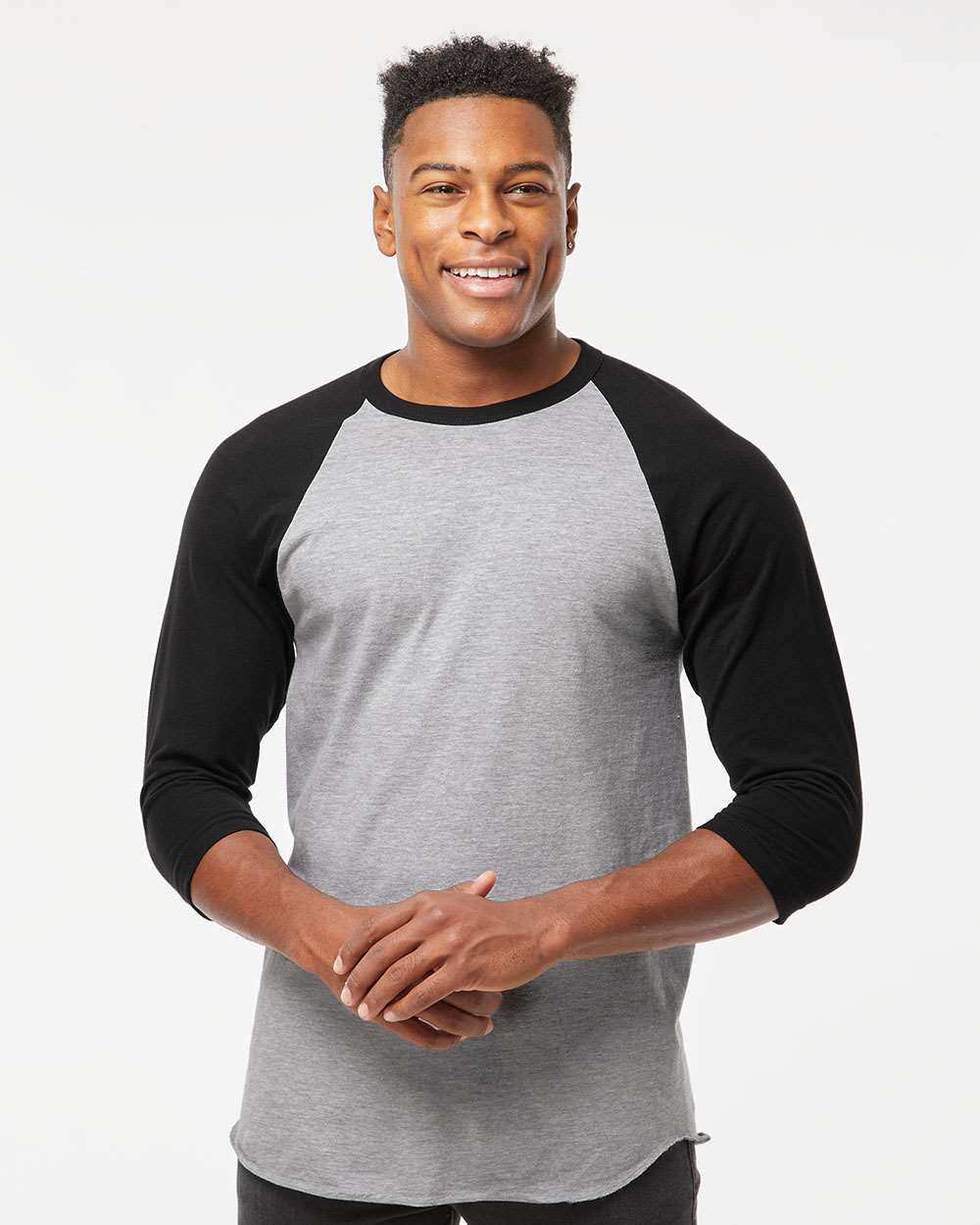 Unisex Fine Jersey Raglan T-Shirt - OnModelFront - B30359092 - Heather Grey/ Black