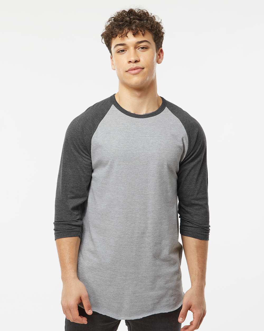 Unisex Fine Jersey Raglan T-Shirt - OnModelFront - B30359102 - Heather Grey/ Heather Charcoal