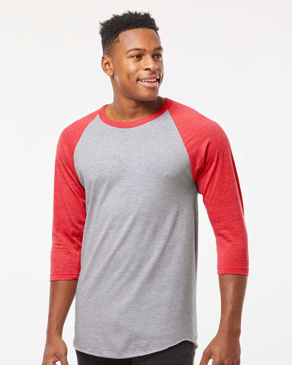 Unisex Fine Jersey Raglan T-Shirt - OnModelFront - B30359112 - Heather Grey/ Heather Red