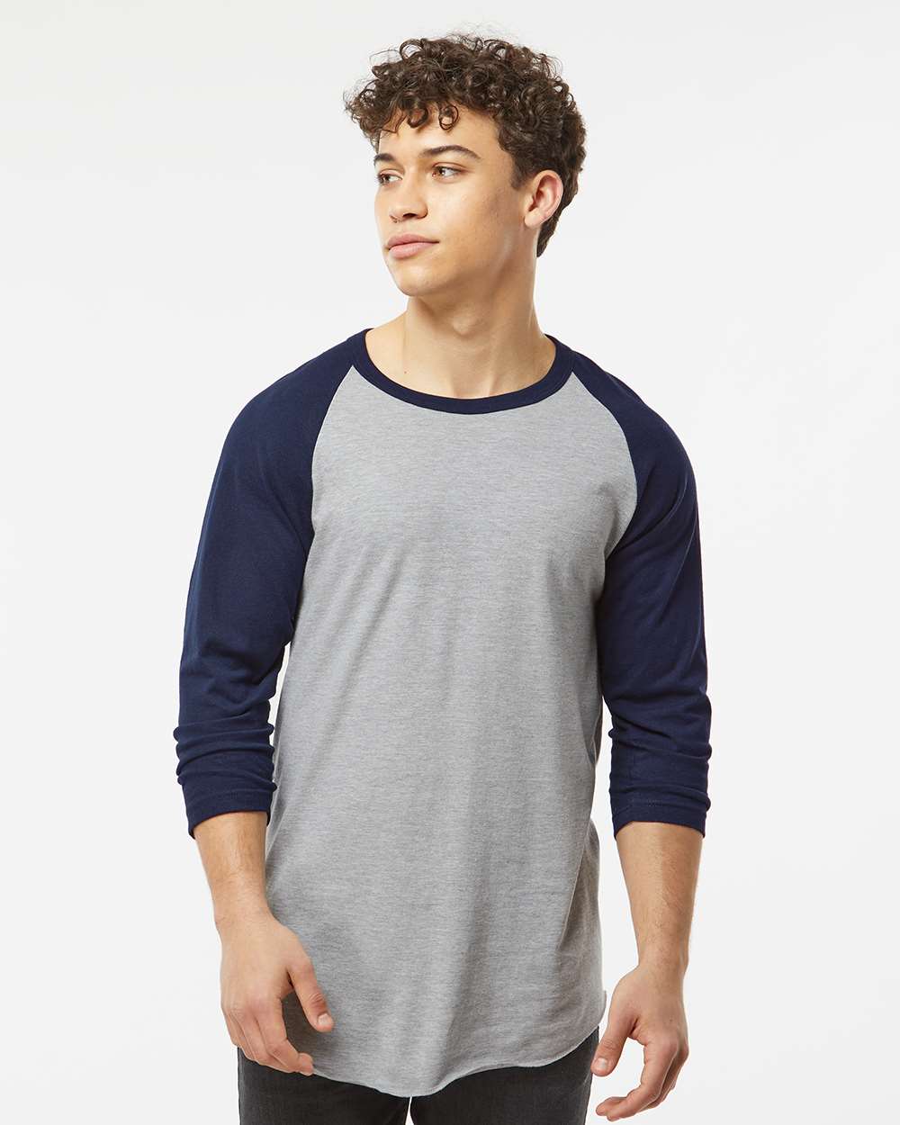Unisex Fine Jersey Raglan T-Shirt - OnModelFront - B30359122 - Heather Grey/ Navy