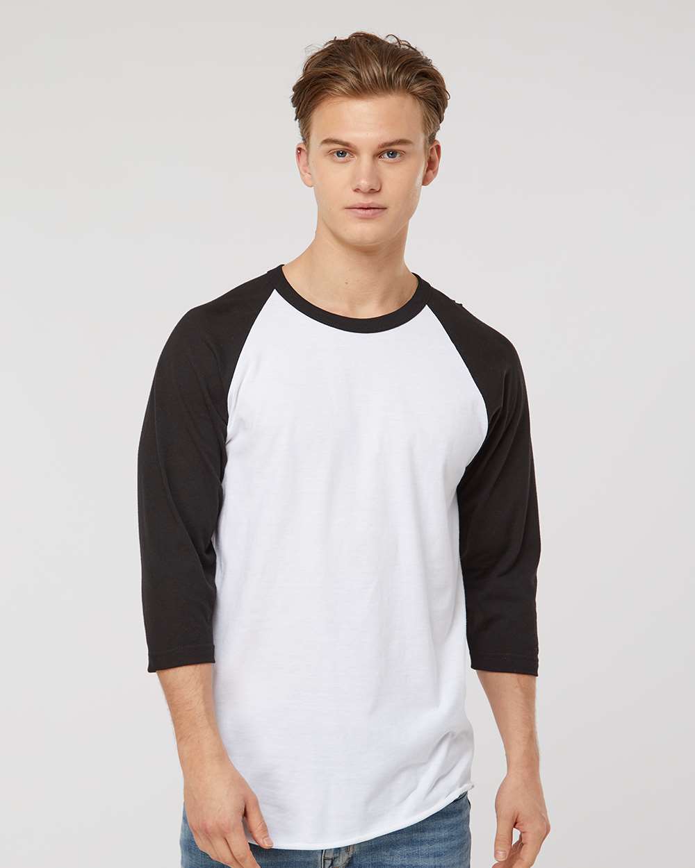 Unisex Fine Jersey Raglan T-Shirt - OnModelFront - B30359152 - White/ Black