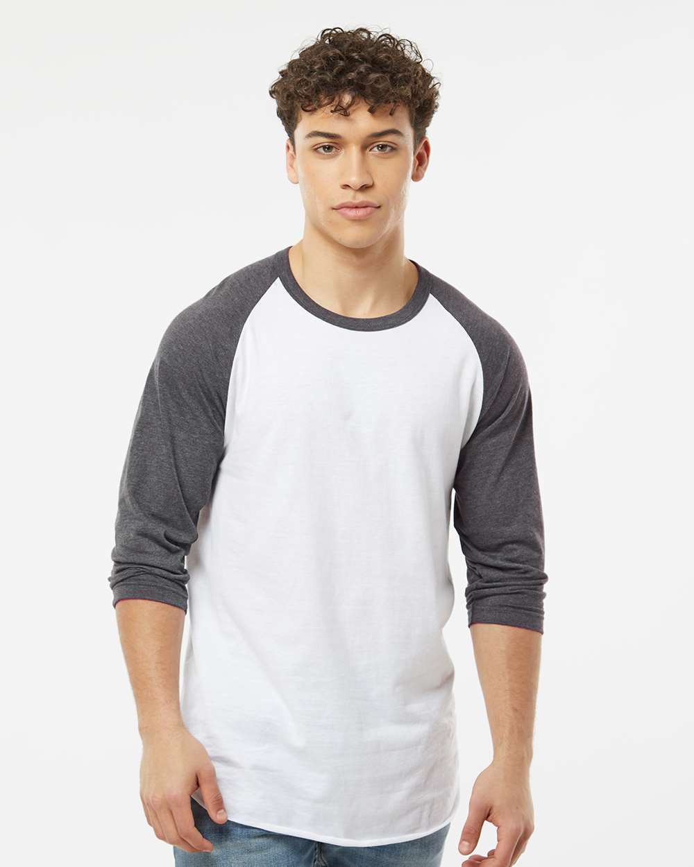 Unisex Fine Jersey Raglan T-Shirt - OnModelFront - B30359162 - White/ Heather Charcoal