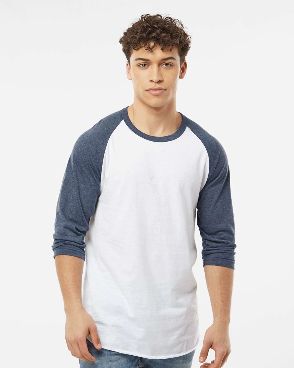 Unisex Fine Jersey Raglan T-Shirt - OnModelFront - B30359172 - White/ Heather Denim