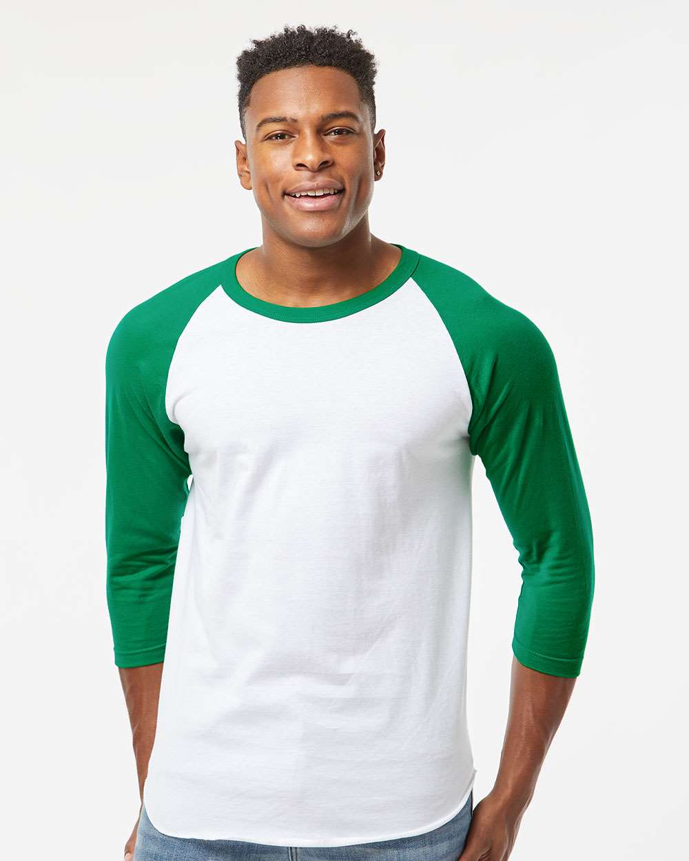 Unisex Fine Jersey Raglan T-Shirt - OnModelFront - B30359182 - White/ Kelly