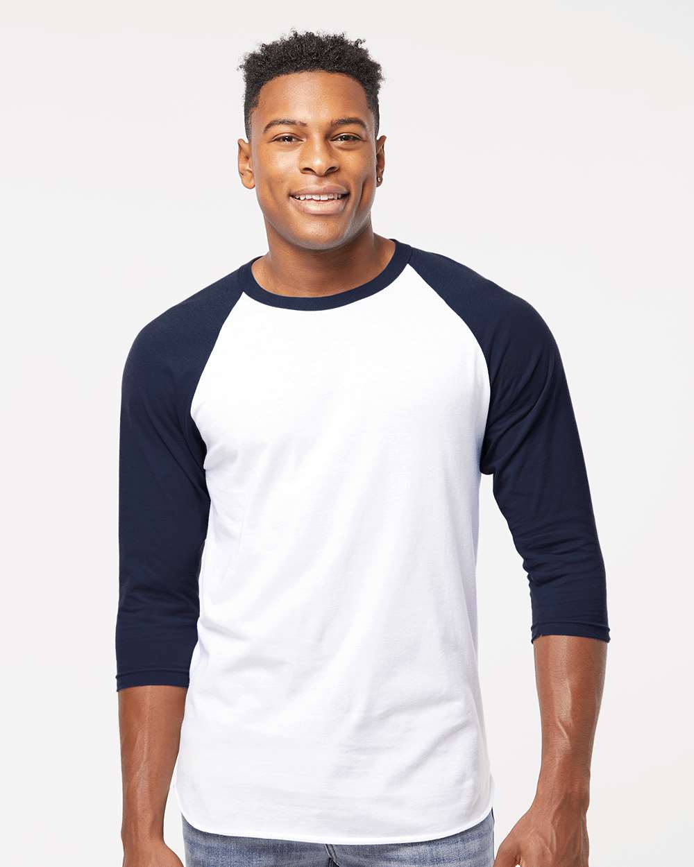 Unisex Fine Jersey Raglan T-Shirt - OnModelFront - B30359192 - White/ Navy