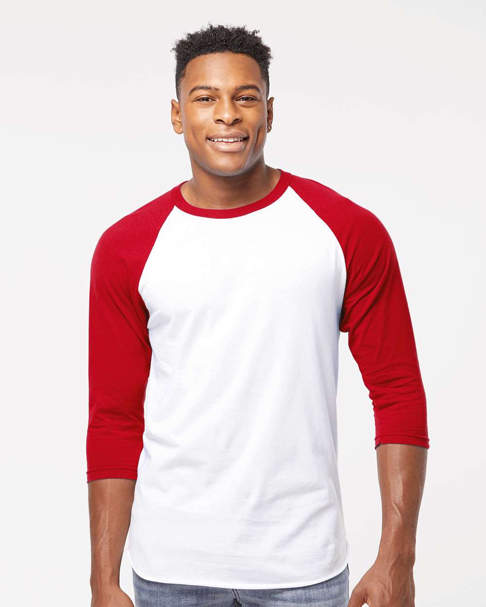 Unisex Fine Jersey Raglan T-Shirt - OnModelFront - B30359202 - White/ Red