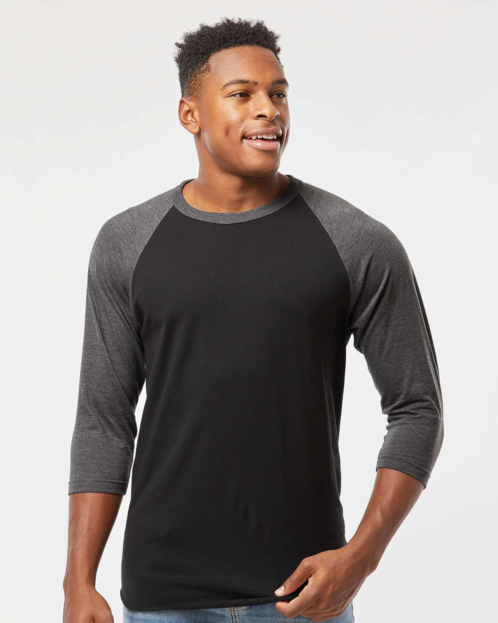 Unisex Fine Jersey Raglan T-Shirt - OnModelFront - B30359582 - Black/ Heather Charcoal