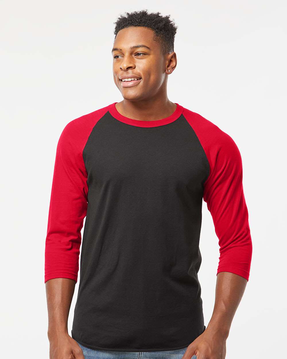 Unisex Fine Jersey Raglan T-Shirt - OnModelFront - B30359702 - Black/ Red