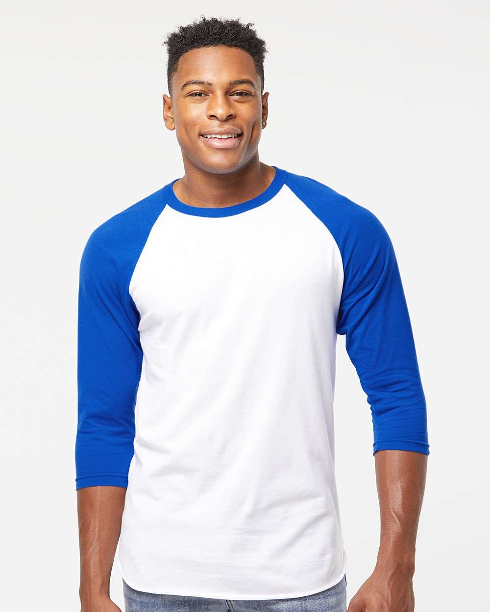 Unisex Fine Jersey Raglan T-Shirt - OnModelFront - B30359752 - White/ Royal