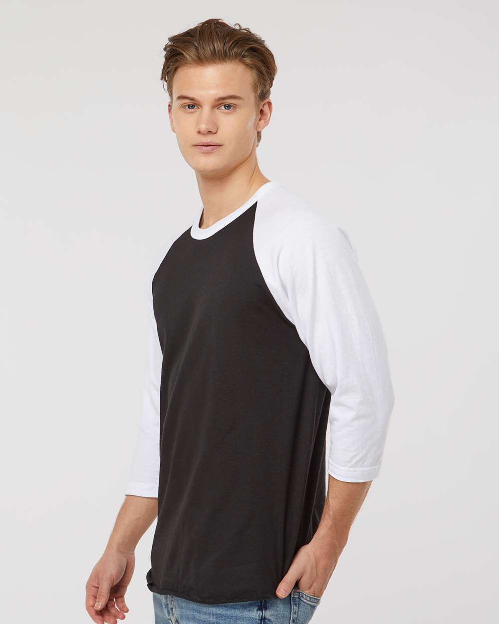 Unisex Fine Jersey Raglan T-Shirt - OnModelSide - B30359002 - Black/ White