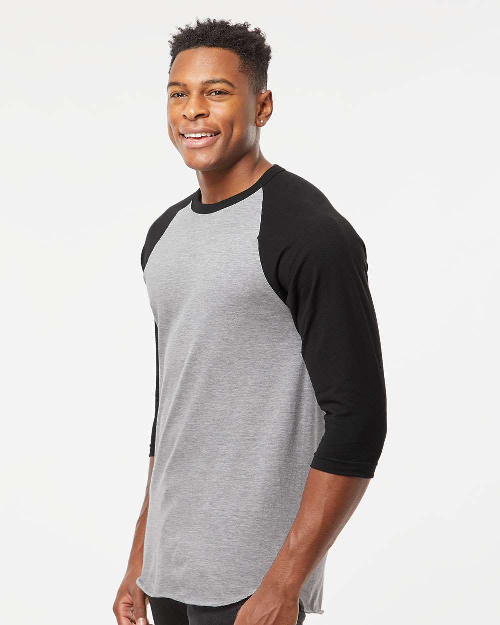 Unisex Fine Jersey Raglan T-Shirt - OnModelSide - B30359092 - Heather Grey/ Black