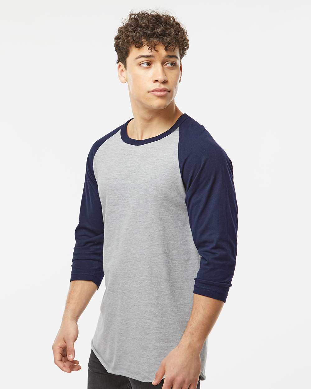 Unisex Fine Jersey Raglan T-Shirt - OnModelSide - B30359122 - Heather Grey/ Navy