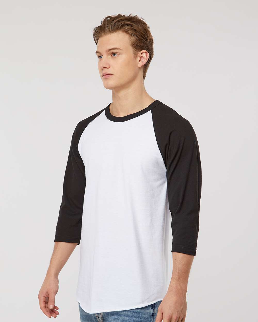 Unisex Fine Jersey Raglan T-Shirt - OnModelSide - B30359152 - White/ Black