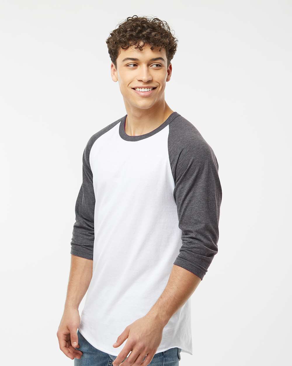 Unisex Fine Jersey Raglan T-Shirt - OnModelSide - B30359162 - White/ Heather Charcoal