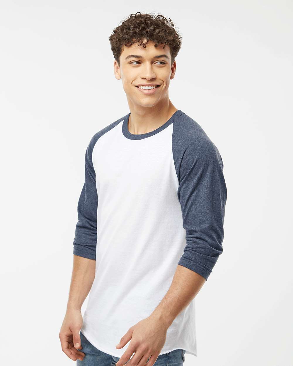 Unisex Fine Jersey Raglan T-Shirt - OnModelSide - B30359172 - White/ Heather Denim